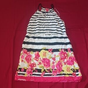 Elle Black and White Striped Spring/Summer Dress Cinched Waist Flowers Flirty